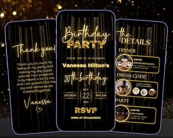Invitación digital a una cena de cumpleaños / Video invitación a una cena de cumpleaños con purpurina dorada y negra / Itinerario animado de cumpleaños para adultos