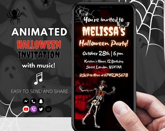 Halloween Party Video Invitation, Animated Skeleton Spooktacular Invite with Music, Editable Halloween Digital Template for Adults or Kids