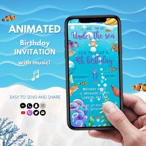 May include: Animated digital invitation for a 4th birthday party with an under the sea theme. The invitation features a blue and green background with a cartoon octopus, seashells, and fish. The text on the invitation reads "Please join us under the sea for Melissa's 4th birthday. Saturday, August 19th, 4:00 PM. Birthday Place: 12 Anywhere Street, London, AA1 2BB. RSVP by 1st August, Carl 07412345."