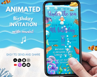 Inbjudan till födelsedagsfest med havstema, digital inbjudan till födelsedagsfest med havstema, animerad inbjudan till fest med havsstänk, redigerbar med musik