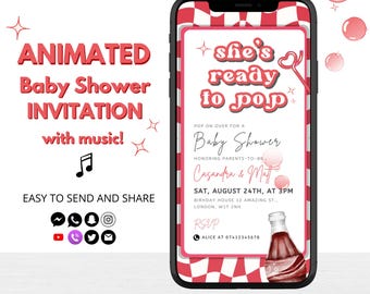 Animated She’s Ready to Pop Baby Shower Invite – Soda Pop Theme Gender Neutral Invite Digital, Retro Summer Instant Download