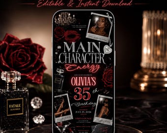 Dark Feminine 35th Birthday Invitation, Femme Fatale Birthday Party, Main Character Invite, Red Black Canva Template