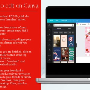 May include: A laptop screen displays a Canva editing interface with a tutorial on the left and a birthday invitation template on the right. The tutorial text is in white on a red background. The invitation is pink with strawberry graphics.