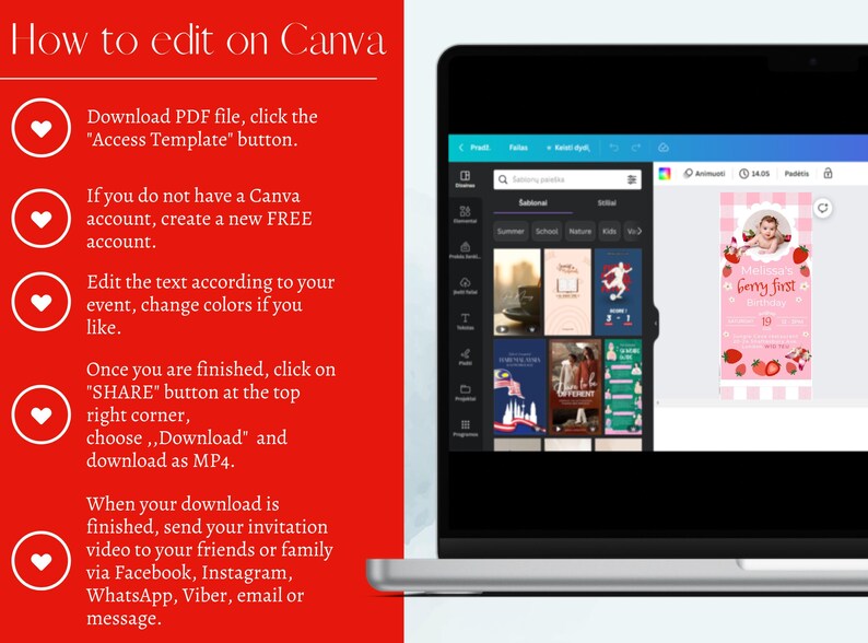 May include: A laptop screen displays a Canva editing interface with a tutorial on the left and a birthday invitation template on the right. The tutorial text is in white on a red background. The invitation is pink with strawberry graphics.