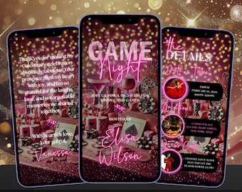 Invitación para una Noche de Chicas: Video Invitación Editable en Rosa Fuerte para una Noche de Juegos / Plantilla Digital para una Noche de Chicas / Descarga Instantánea