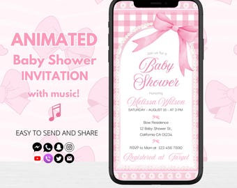 Blush Pink Bow Baby Shower Animated Invitation (Digital)