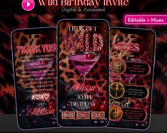 Cherry Leopard Birthday Invitation | Glam Lets Get Wild Evite | Editable Cheetah Print Party Invite | Digital Animated Birthday Dinner