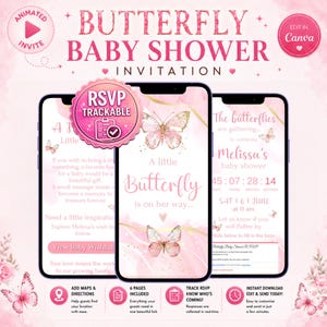 Peut inclure: Un modèle d'invitation numérique pour fête prénatale avec des fonds aquarelle roses, des accents dorés et des illustrations de papillons. Le design inclut le texte Butterfly Baby Shower Invitation, A little Butterfly is on her way et RSVP Trackable.