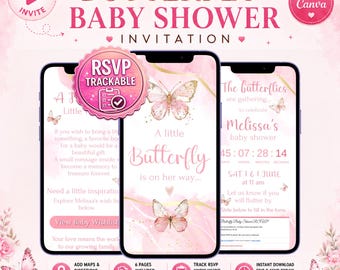 Butterfly Baby Shower Website Invitation, RSVP Baby Shower Invite, Editable Pink Floral Baby Shower Evite, Baby In Bloom Invitation