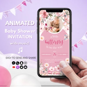Invito video per baby shower con farfalla / Modello di invito per una festa con farfalla rosa / Invito digitale per seminatore di neonati con farfalle