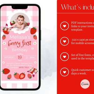 May include: A pink digital invitation on a smartphone screen for a first birthday. The invitation features a baby's photo, strawberries, and the text "Melissa's berry first Birthday". The date is August 19, 2023, with the time 12-3 PM. The invitation includes the restaurant address.