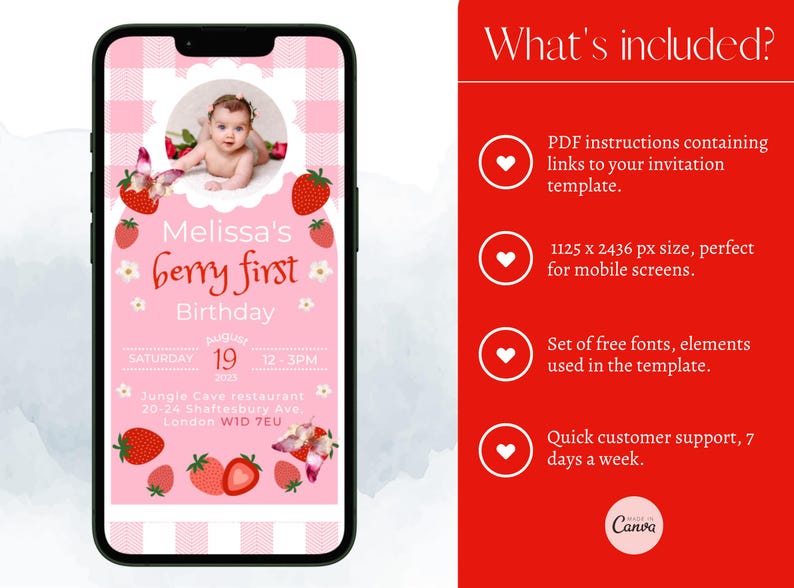 May include: A pink digital invitation on a smartphone screen for a first birthday. The invitation features a baby's photo, strawberries, and the text "Melissa's berry first Birthday". The date is August 19, 2023, with the time 12-3 PM. The invitation includes the restaurant address.