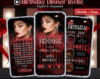 Red Glam Birthday Dinner Invitation, Animated Video Invite, Red Carpet Editable Template, Luxury Black Tie Glam Party Digital Evite