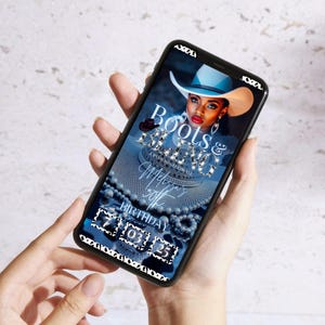 May include: A smartphone displays a digital invitation with the text "Boots & Bling" and "Melisa's 50th Birthday." The image features a woman wearing a cowboy hat and jewelry. The date is displayed as 7/03/25.
