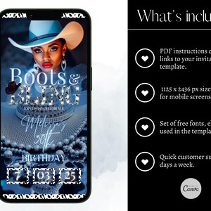 May include: A smartphone displays a digital invitation for a "Boots & Bling" 30th birthday celebration. The design features a woman in a cowboy hat, sparkling text, and a date display. The invitation is designed for mobile screens.