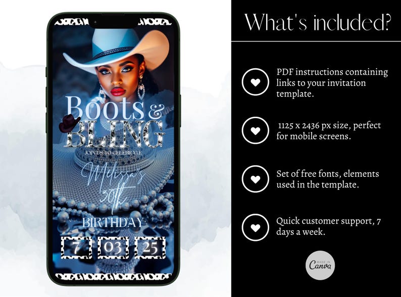 May include: A smartphone displays a digital invitation for a "Boots & Bling" 30th birthday celebration. The design features a woman in a cowboy hat, sparkling text, and a date display. The invitation is designed for mobile screens.