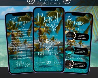 May include: A digital invitation for a pool party celebrating Melissa's 30th birthday. The invitation features a blue pool with palm trees and a blue sky. The text on the invitation reads "Pool Party", "Join us to celebrate Melissa's 30th Birthday", "Saturday July 22, 2023 4PM-8PM", "The Details", "Date & Time", "Saturday July 19, 2023 8:00 PM - 12:00 PM", "Location", "Splash Haven 24 Poolside Lane Sunshine Bay, FL 12345", "Dress Code", "Suit up and make a splash-it's time to glow, poolside!"