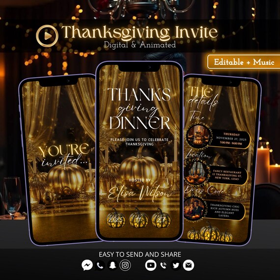 Gold Thanksgiving Dinner Invitation | Elegant Friendsgiving Evite |  Animated Digital Autumn Feast Party Editable Invite Template - Etsy Israel
