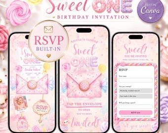 Sweet One Birthday Invitation Website, Candy Theme, First Birthday Girl Invite (Digital Download)