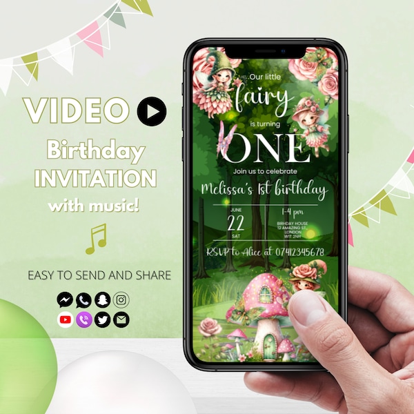 Fairy First Birthday Invitation | Garden Party Fairy Invitation Digital | Magical Enchanted Fairy 1st Birthday Video Invitation