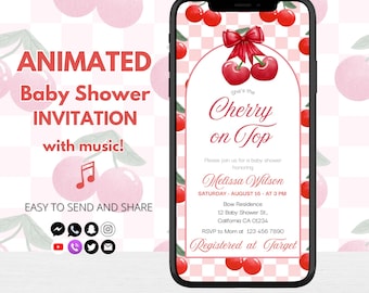 Cherry On Top Baby Shower Invitation, Coquette Bow Theme (Digital Template)