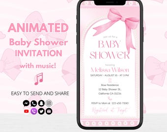 Bow Baby Shower Invitations Digital, Pink Ribbon Video Invite for Girl, Animated Coquette Evite, It’s A Girl Baby Shower Template