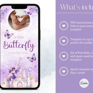 Może przedstawiać: Szablon cyfrowej zaproszenia na baby shower w kolorze fioletowym i r&oacute;żowym. Szablon zawiera motyla, zamek i wr&oacute;żkę. Tekst "A little Butterfly is on her way..." jest wyświetlany na szablonie. Szablon jest zaprojektowany dla ekran&oacute;w mobilnych i ma rozmiar 1125 x 2436 pikseli.