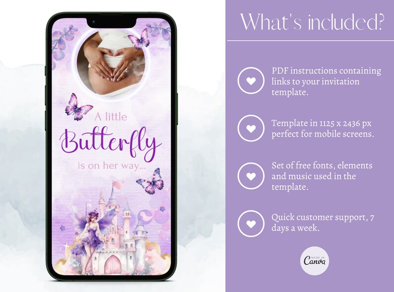 Może przedstawiać: Szablon cyfrowej zaproszenia na baby shower w kolorze fioletowym i r&oacute;żowym. Szablon zawiera motyla, zamek i wr&oacute;żkę. Tekst "A little Butterfly is on her way..." jest wyświetlany na szablonie. Szablon jest zaprojektowany dla ekran&oacute;w mobilnych i ma rozmiar 1125 x 2436 pikseli.