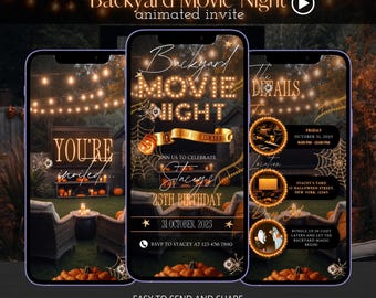 Op de afbeelding: Drie smartphoneschermen met een uitnodiging voor een Backyard Movie Night. Het ontwerp toont een achtertuin met lichtslingers, pompoenen en tekst met "Backyard Movie Night" en "You're Invited". De uitnodiging is voor Stacey's 25e verjaardag op 31 oktober 2025.