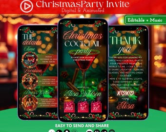 May include: Three smartphones displaying a Christmas cocktail party invitation. The invitation features festive graphics, including a martini glass, gift boxes, and holiday lights. Text includes party details and a thank you message.