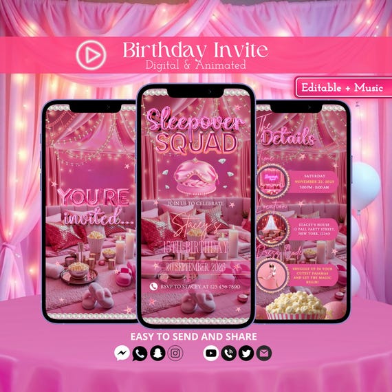 Animated Sleepover Invitation, Pink Pajama Party Video Invite, Slumber Birthday Template, Editable Evite, Girls Night Digital Download