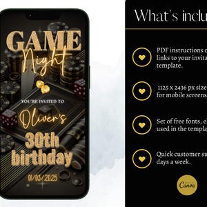 May include: A digital invitation for a 30th birthday party with a game night theme. The invitation features a black background with gold glitter text and images of playing cards and poker chips. The text reads "GAME Night You're Invited to Oliver's 30th birthday 01/03/2025".