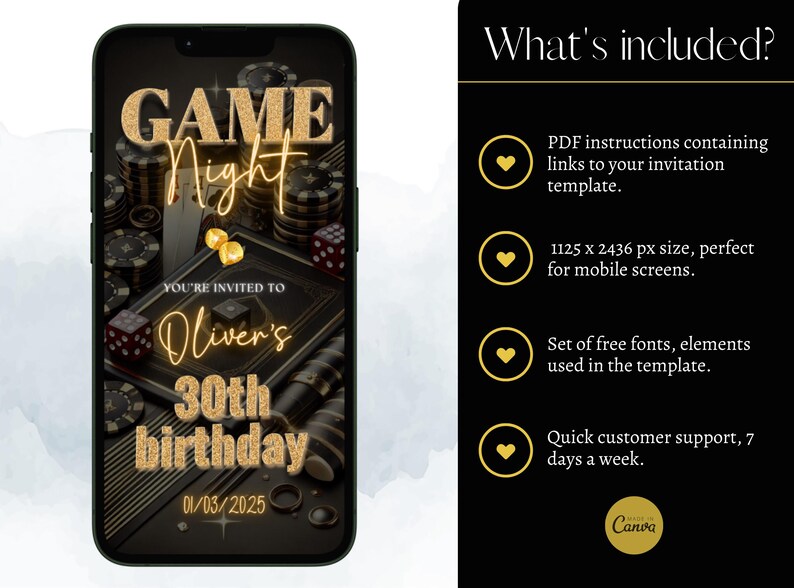 May include: A digital invitation for a 30th birthday party with a game night theme. The invitation features a black background with gold glitter text and images of playing cards and poker chips. The text reads "GAME Night You're Invited to Oliver's 30th birthday 01/03/2025".