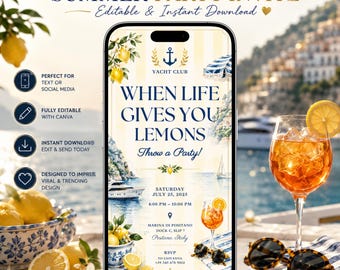 When Life Gives You Lemons Invitation, Lemon Party Invite Template, Italian Summer Party Invitation, Mediterranean Party Invite