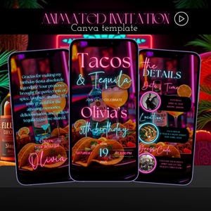 Op de afbeelding: Een geanimeerde uitnodiging in neonroze en -blauw voor een 30e verjaardagsfeest. De uitnodiging heeft een taco- en tequila-thema met de tekst "Tacos & Tequila" en "Olivia's 30th Birthday". De uitnodiging bevat ook details over de datum, tijd, locatie en dresscode.