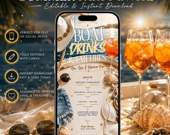 Boat Drinks & Tan Lines Invitation, Summer Boat Party Invite Template, Lake Day Party Invitation, Coastal Cowgirl Birthday Invite