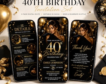 Luxury Black Gold 40th Birthday Invitation, Elegant Canva Template (Digital Invite)