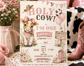 Holy Cow I’m One Birthday Invitation, Watercolor Cowgirl First Rodeo Party (Digital Download)