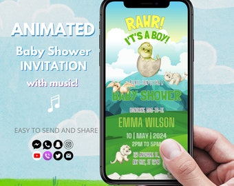 Animowane zaproszenie na baby shower z motywem dinozaura – film z zaproszeniem „It's a Boy” (do pobrania cyfrowego)