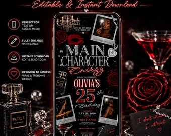 Main Character Energy Birthday Invitation, 25th Birthday Invite, Red Black Birthday Party, Coquette Birthday Invitation, Canva Template