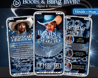 Puede incluir: Diseño de invitación digital con temática vaquera. El diseño presenta tres teléfonos inteligentes que muestran el texto "Boots & Bling Invite" y "30 cumpleaños de Melissa". La invitación incluye una foto de una mujer con sombrero de vaquero.