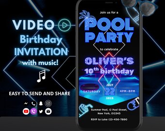 Neon Pool Party Invitation for Boys, Glow Birthday Template, Animated Summer Party Invitation, Editable Digital Invite