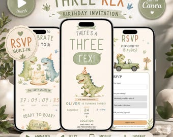 Three Rex Birthday Invitation Website, Dinosaur 3rd Birthday Invite (Digital Download)
