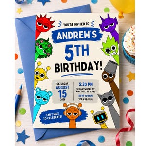 May include: A birthday party invitation with the text "Andrew's 5th Birthday!" surrounded by colorful cartoon characters. The invitation includes the date, time, and RSVP information. The invitation is on a white background with a blue envelope.