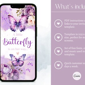 Może przedstawiać: Szablon cyfrowej zaproszenia w kolorze fioletowym i białym z motywem motyla i tekstem "A little Butterfly is on her way..." Szablon jest zaprojektowany dla ekran&oacute;w mobilnych i ma rozmiar 1125 x 2436 pikseli.