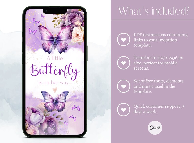 Może przedstawiać: Szablon cyfrowej zaproszenia w kolorze fioletowym i białym z motywem motyla i tekstem "A little Butterfly is on her way..." Szablon jest zaprojektowany dla ekran&oacute;w mobilnych i ma rozmiar 1125 x 2436 pikseli.