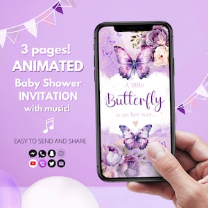 Animierte Schmetterling-Babyparty-Einladung Bearbeitbare Mädchen-Schmetterlinge-Babyparty-Einladung Digitale Vorlage Videotext Evite für Mädchen