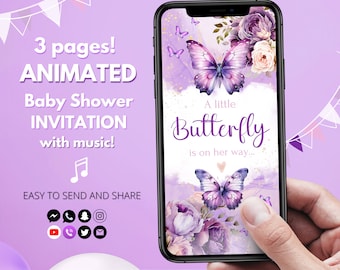 Animated Butterfly Baby Shower Invitation Editable Girl Butterflies Baby Shower Invitation Digital Template Video Text Evite for Girl