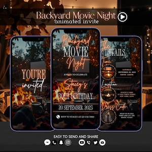 Op de afbeelding: Drie smartphones tonen een geanimeerde uitnodiging voor een "Backyard Movie Night". Het ontwerp bevat een kampvuur, mokken en tekst zoals "You're Invited", "Stacey's 30e verjaardag" en evenementdetails. De uitnodiging is gemakkelijk te verzenden en te delen.