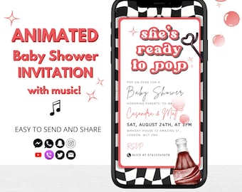 Ready to Pop Animated Baby Shower Invite – She’s Ready to Pop Soda Pop Theme, Girl or Gender Neutral, Retro Baby Shower